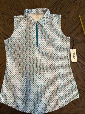Jofit Sleeveless Zip Polo Tank in Blue, Pink & Cream Pattern